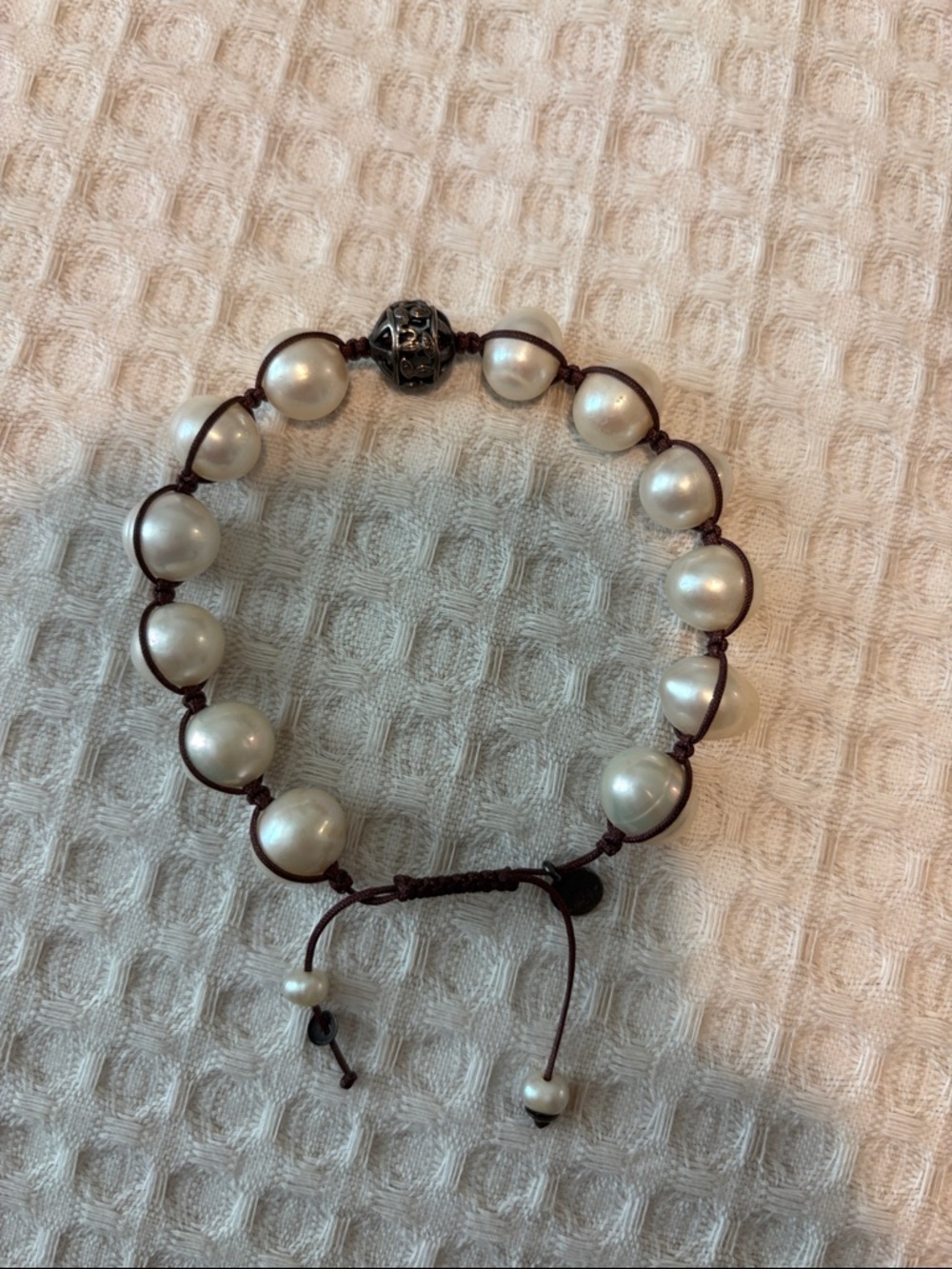 Silpada White Pearl Bead Bracelet on Brown Cord- adjustable